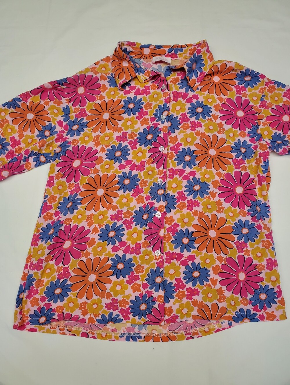 Pink Lily Retro Daisy Floral Button Down Shirt Boho Groovy Pink M Rayon